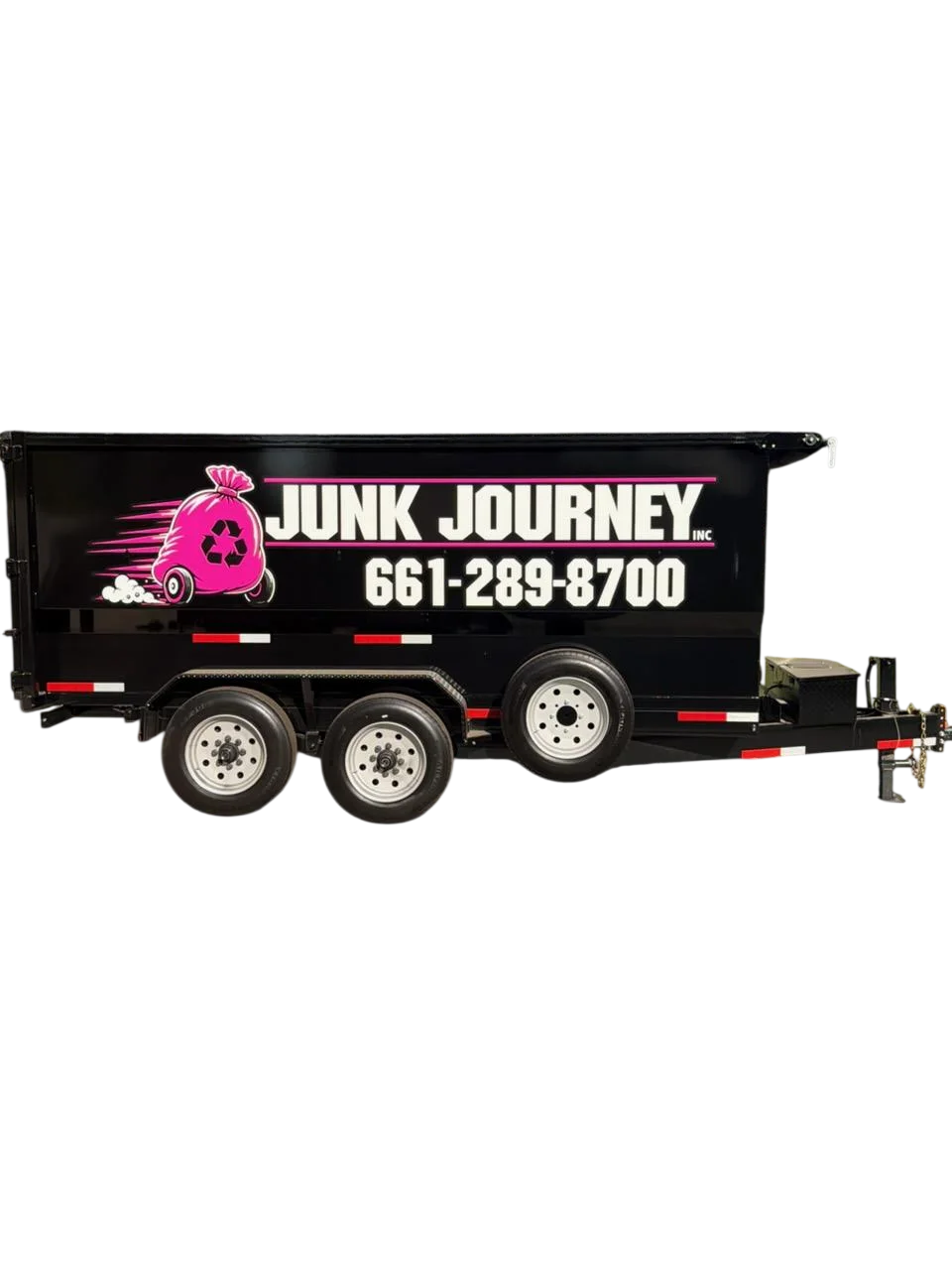 Black Junk Journey removal trailer with the company logo and phone number